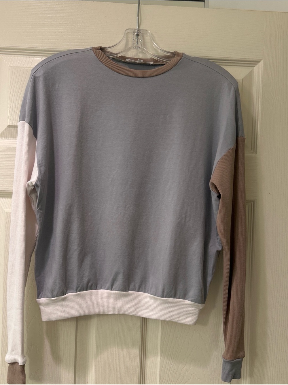 Unisex Colorblock Crewneck Sweater - Light Blue, White & Brown